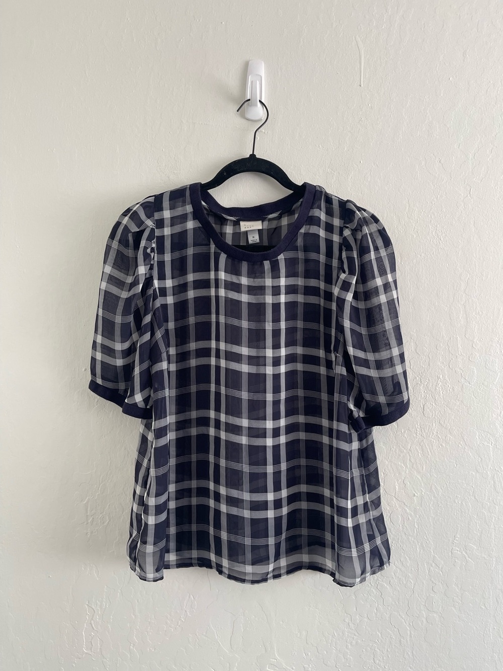 A New Day Sheer Plaid Puff Sleeve Blouse Dark Academia Womens Size Medium